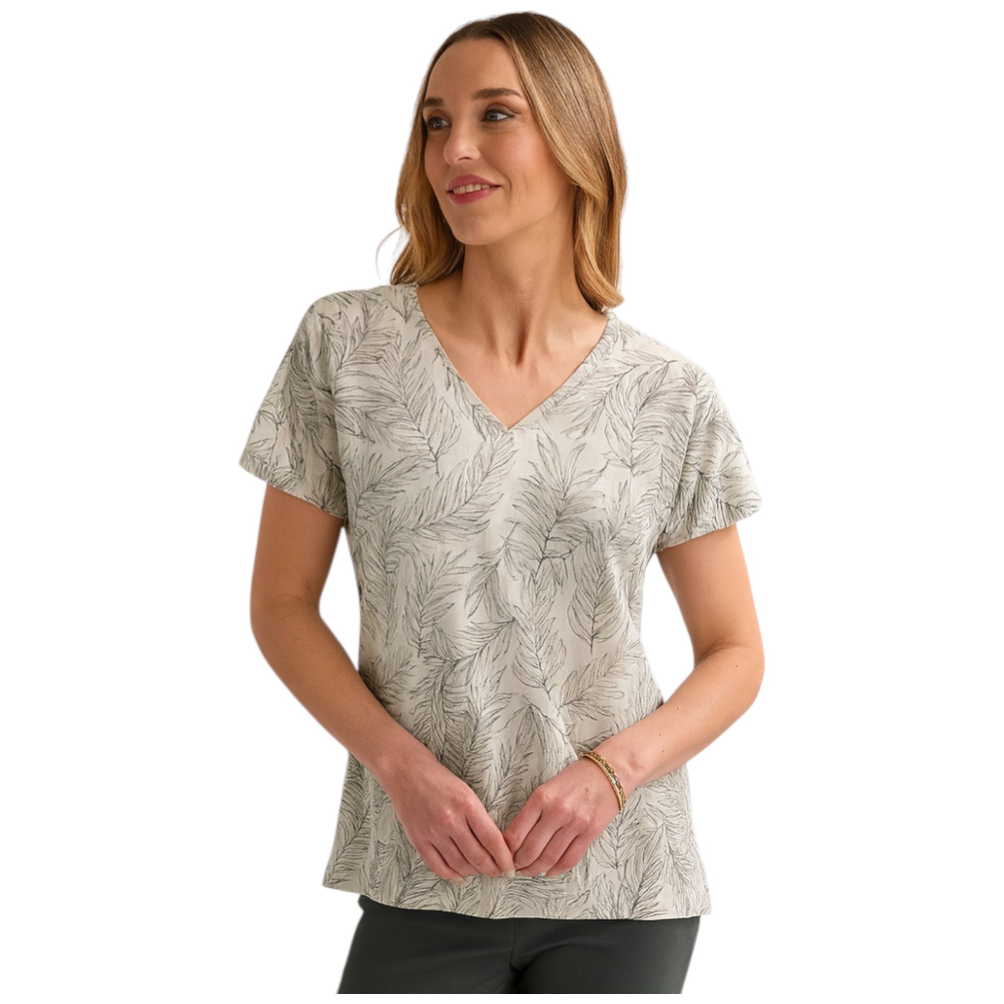 Women's V-neck short sleeve top with green feather print – casual lightweight summer blouse